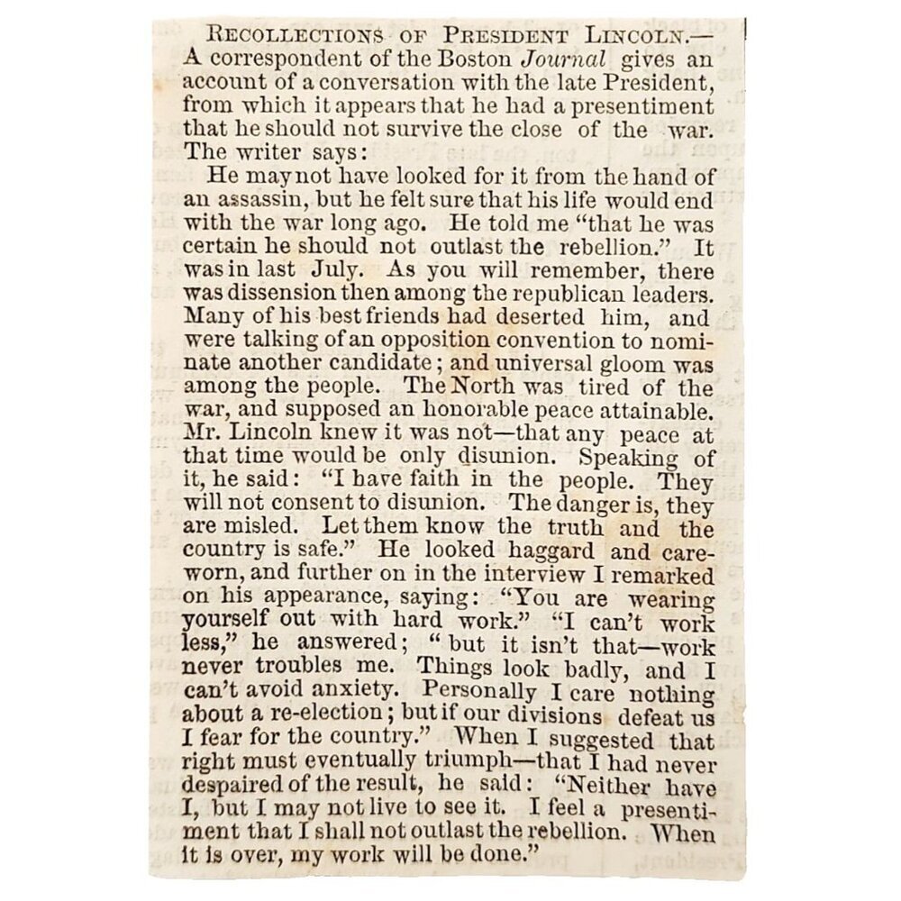1865 Abraham Lincoln Death Premonition Assassination Article Clipping Civil War